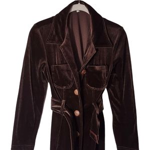 Velvet Jacket Small Chocolate Brown Tie Belt Pockets Button Long Sleeve Comfy